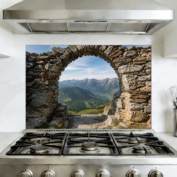 Kitchen Backsplash Peel and Stick Wall Murals Mountains seen from inside an ruined window Removable Mural 35.4"W x 23.6"H, Oil Proof Vinyl Wallpaper for Fireplace & Behind Stove
