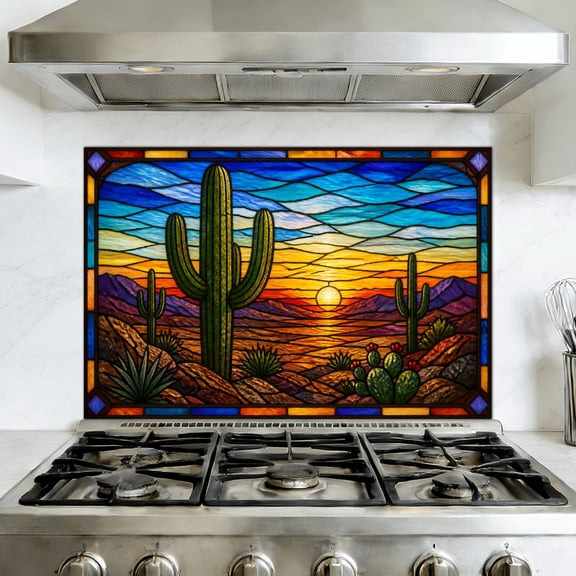 Kitchen Backsplash Peel and Stick Wall Murals Multi Dimensional Stained Glass Western Desert Scene Cactus Removable Mural 35.4"W x 23.6"H, Oil Proof Vinyl Wallpaper for Fireplace & Behind Stove