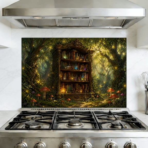 Kitchen Backsplash Peel and Stick Wall Murals Mystical Bookshelf Forest Clearing Fireflies Removable Mural 35.4"W x 23.6"H, Oil Proof Vinyl Wallpaper for Fireplace & Behind Stove