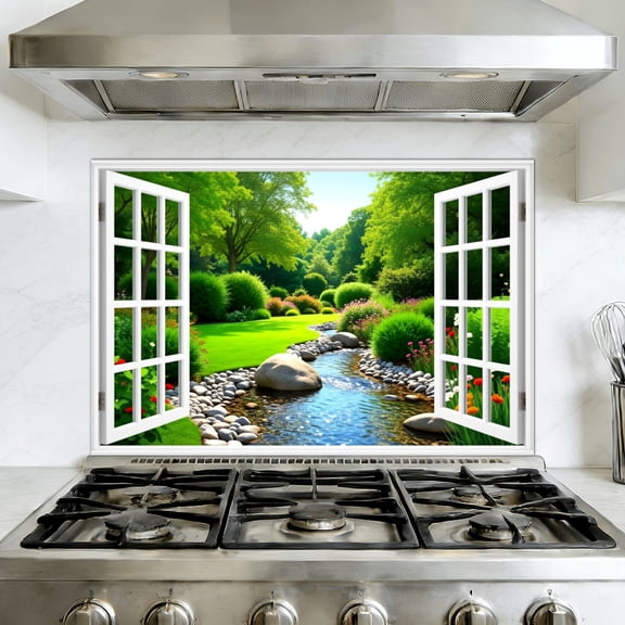 Kitchen Backsplash Peel and Stick Wall Murals Nature Art Window View Clear Spring Open Window Creative Flowing Removable Mural 35.4"W x 23.6"H, Oil Proof Vinyl Wallpaper for Fireplace & Behind Stove