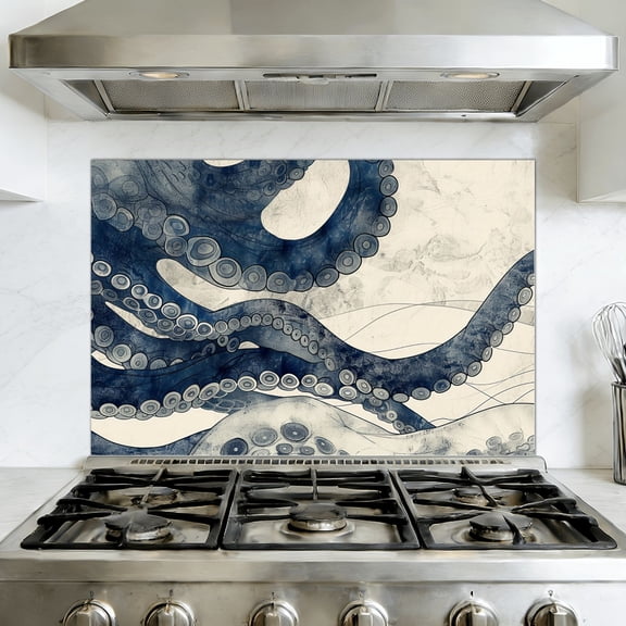 Kitchen Backsplash Peel and Stick Wall Murals Octopus Tentacles Textured Marine Life White blue Removable Mural 35.4"W x 23.6"H, Oil Proof Vinyl Wallpaper for Fireplace & Behind Stove