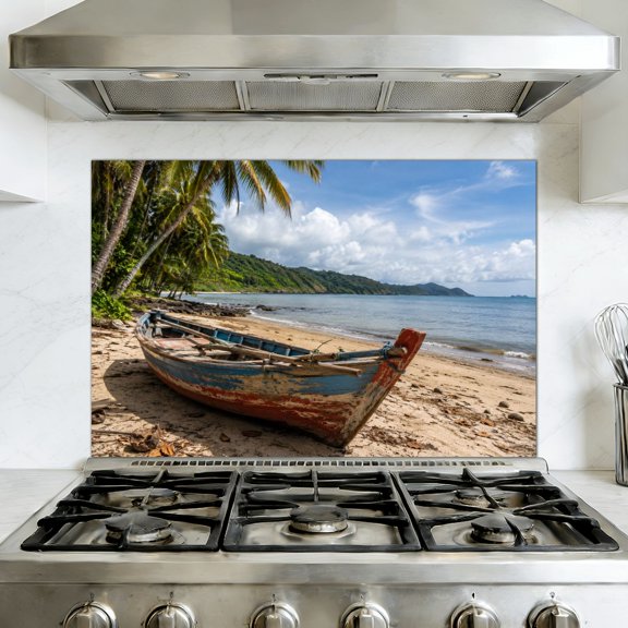 Kitchen Backsplash Peel and Stick Wall Murals Old Fishing Boat Jacmel Haiti Removable Mural 35.4"W x 23.6"H, Oil Proof Vinyl Wallpaper for Fireplace & Behind Stove