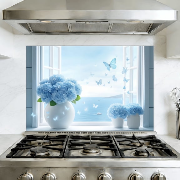 Kitchen Backsplash Peel and Stick Wall Murals Open Window Blue Hydrangea Floral Vase Butterfly Seascape Beach Removable Mural 35.4"W x 23.6"H, Oil Proof Vinyl Wallpaper for Fireplace & Behind Stove
