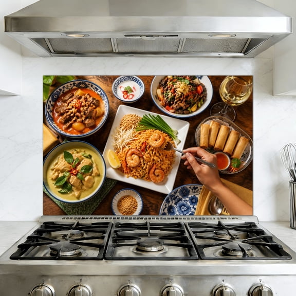 Kitchen Backsplash Peel and Stick Wall Murals Overhead shot Thai food table hand holding fork Removable Mural 35.4"W x 23.6"H, Oil Proof Vinyl Wallpaper for Fireplace & Behind Stove