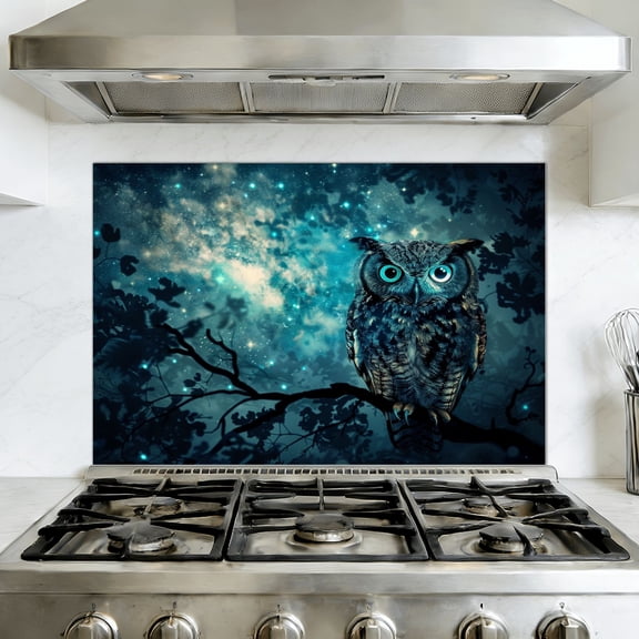 Kitchen Backsplash Peel and Stick Wall Murals Owl Starry Blue Night Dark Forest Silhouette Nature Removable Mural 35.4"W x 23.6"H, Oil Proof Vinyl Wallpaper for Fireplace & Behind Stove