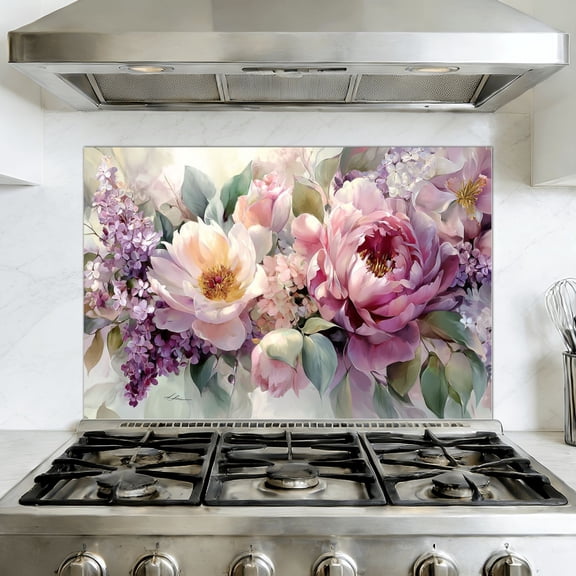 Kitchen Backsplash Peel and Stick Wall Murals Pastel Watercolor Painting Spring Blooms Sunlit Glow Removable Mural 35.4"W x 23.6"H, Oil Proof Vinyl Wallpaper for Fireplace & Behind Stove
