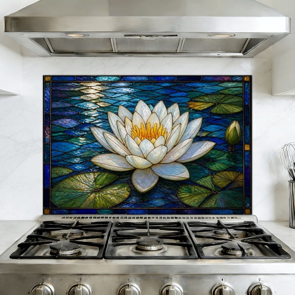 Kitchen Backsplash Peel and Stick Wall Murals Peaceful Stained Glass Waterlily Dragonflies Reflections Removable Mural 35.4"W x 23.6"H, Oil Proof Vinyl Wallpaper for Fireplace & Behind Stove