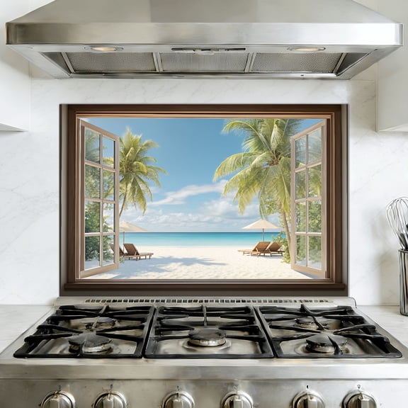 Kitchen Backsplash Peel and Stick Wall Murals Peel Stick Fake Window 3D Window Tropical Beach Removable Mural 35.4"W x 23.6"H, Oil Proof Vinyl Wallpaper for Fireplace & Behind Stove