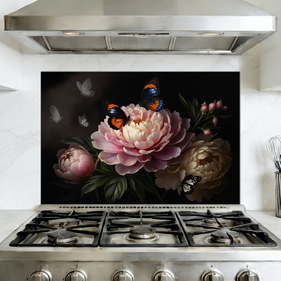 Kitchen Backsplash Peel and Stick Wall Murals Peony Flowers Butterflies Dark Moody Floral Removable Mural 35.4"W x 23.6"H, Oil Proof Vinyl Wallpaper for Fireplace & Behind Stove