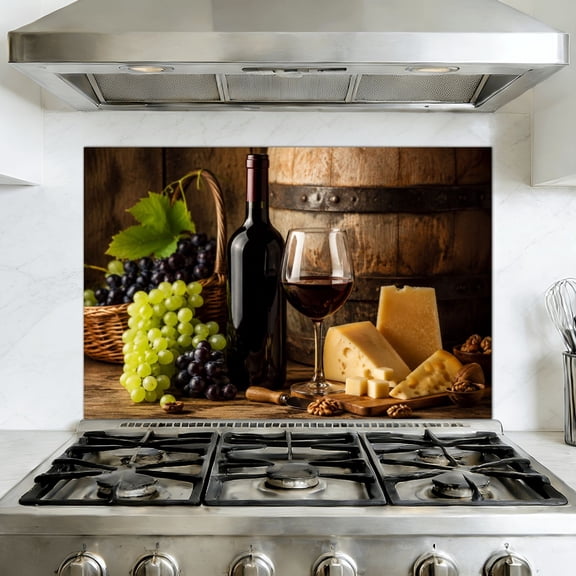 Kitchen Backsplash Peel and Stick Wall Murals Red wine glass bottle cheese grape Removable Mural 35.4"W x 23.6"H, Oil Proof Vinyl Wallpaper for Fireplace & Behind Stove