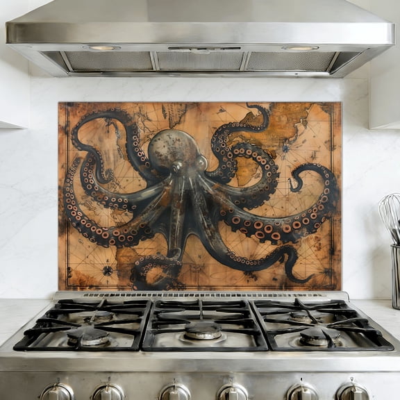 Kitchen Backsplash Peel and Stick Wall Murals Retro Style Nautical Vintage Beach Octopus Nautical Map Removable Mural 35.4"W x 23.6"H, Oil Proof Vinyl Wallpaper for Fireplace & Behind Stove