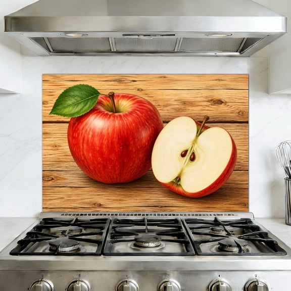 Kitchen Backsplash Peel and Stick Wall Murals Ripe red fruit half green leaf Removable Mural 35.4"W x 23.6"H, Oil Proof Vinyl Wallpaper for Fireplace & Behind Stove