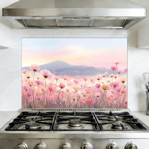 Kitchen Backsplash Peel and Stick Wall Murals Romantic Botanical Pink Cream Flowers Removable Mural 35.4"W x 23.6"H, Oil Proof Vinyl Wallpaper for Fireplace & Behind Stove