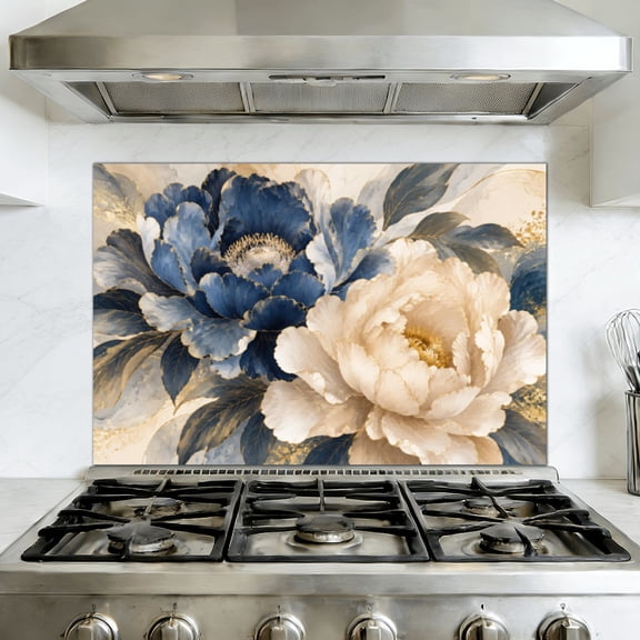 Kitchen Backsplash Peel and Stick Wall Murals Romantic Navy Peonies Intricate Elegant Removable Mural 35.4"W x 23.6"H, Oil Proof Vinyl Wallpaper for Fireplace & Behind Stove
