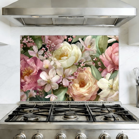 Kitchen Backsplash Peel and Stick Wall Murals Romantic Springtime Roses Peonies Watercolor Removable Mural 35.4"W x 23.6"H, Oil Proof Vinyl Wallpaper for Fireplace & Behind Stove