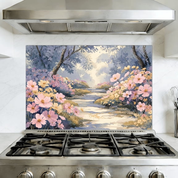 Kitchen Backsplash Peel and Stick Wall Murals Romantic Watercolor Garden Pink Yellow Lavender Blooms Removable Mural 35.4"W x 23.6"H, Oil Proof Vinyl Wallpaper for Fireplace & Behind Stove