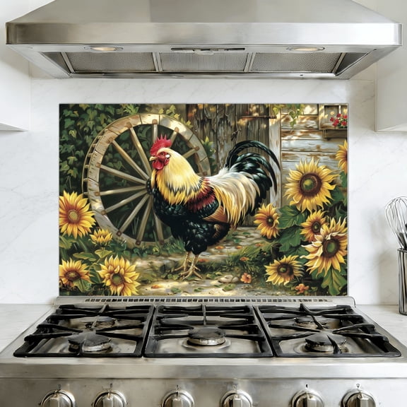 Kitchen Backsplash Peel and Stick Wall Murals Rooster Chicken Farm Animal Farmhouse Rooster Sunflowers Removable Mural 35.4"W x 23.6"H, Oil Proof Vinyl Wallpaper for Fireplace & Behind Stove