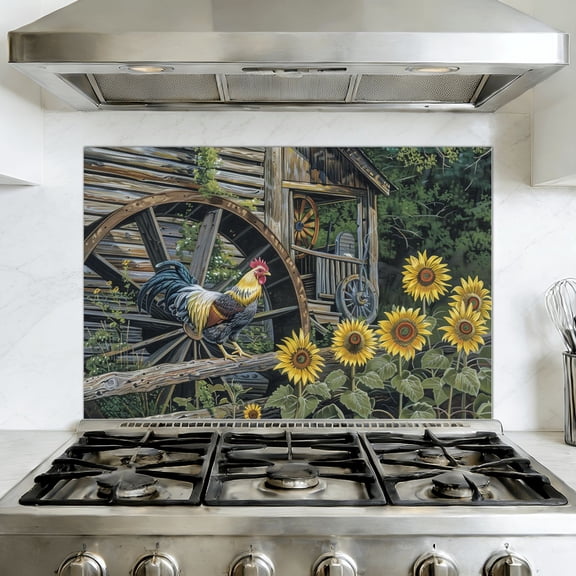 Kitchen Backsplash Peel and Stick Wall Murals Rooster Chicken Farm Animal Farmhouse Rooster Sunflowers Removable Mural 35.4"W x 23.6"H, Oil Proof Vinyl Wallpaper for Fireplace & Behind Stove
