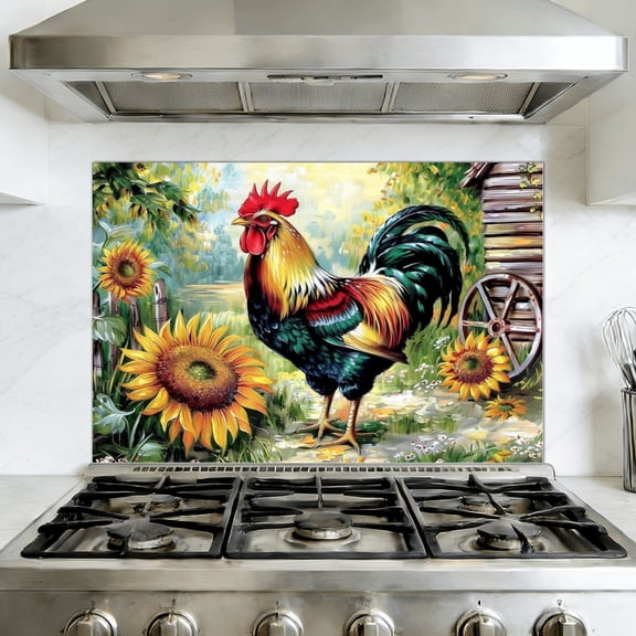 Kitchen Backsplash Peel and Stick Wall Murals Rooster Chicken Farm Animal Farmhouse Rooster Sunflowers Removable Mural 35.4"W x 23.6"H, Oil Proof Vinyl Wallpaper for Fireplace & Behind Stove