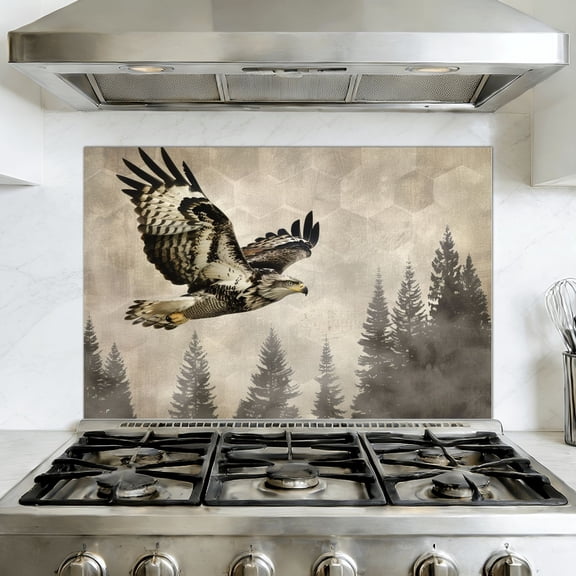 Kitchen Backsplash Peel and Stick Wall Murals Rustic Eagle Cabin Mountain Animal Forest Lodge Hunting Owl Removable Mural 35.4"W x 23.6"H, Oil Proof Vinyl Wallpaper for Fireplace & Behind Stove