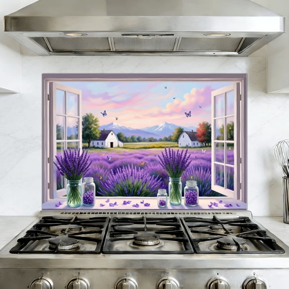Kitchen Backsplash Peel and Stick Wall Murals Rustic Farmhouse Floral Vintage Wildflower Field Purple Flower Removable Mural 35.4"W x 23.6"H, Oil Proof Vinyl Wallpaper for Fireplace & Behind Stove