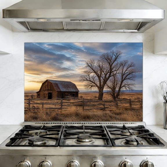 Kitchen Backsplash Peel and Stick Wall Murals Rustic Farmhouse Vintage Barn Country Field Landscape Rustic Barn 35.4"W x 23.6"H, Oil Proof Removable Vinyl Wallpaper for Fireplace & Behind Stove