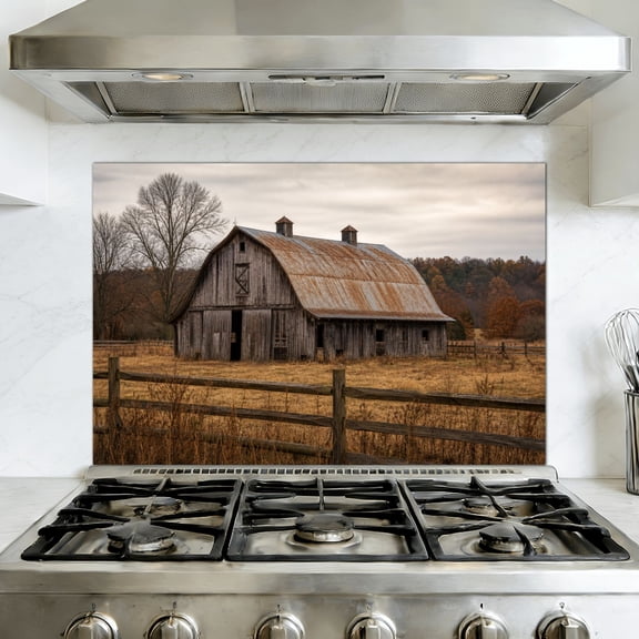 Kitchen Backsplash Peel and Stick Wall Murals Rustic Farmhouse Vintage Barn Country Field Landscape Rustic Barn 35.4"W x 23.6"H, Oil Proof Removable Vinyl Wallpaper for Fireplace & Behind Stove