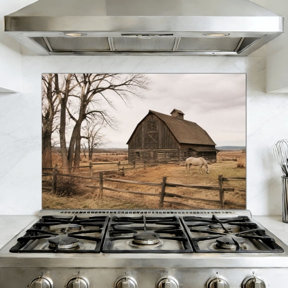 Kitchen Backsplash Peel and Stick Wall Murals Rustic Farmhouse Vintage Open Field Wooden Fence Dry Grass Removable Mural 35.4"W x 23.6"H, Oil Proof Vinyl Wallpaper for Fireplace & Behind Stove