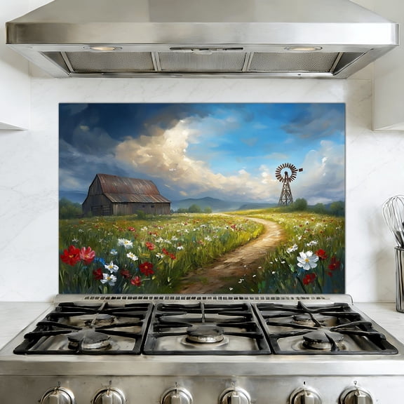 Kitchen Backsplash Peel and Stick Wall Murals Rustic Farmhouse Wooden Country Meadow Landscape Blue Sky Removable Mural 35.4"W x 23.6"H, Oil Proof Vinyl Wallpaper for Fireplace & Behind Stove