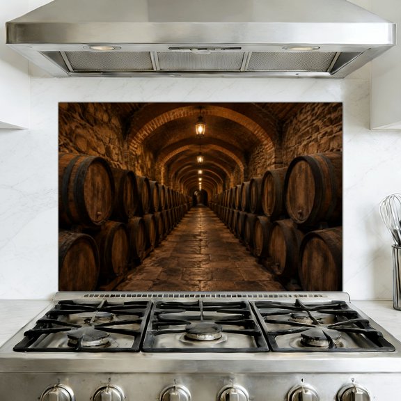 Kitchen Backsplash Peel and Stick Wall Murals Rustic Wine Cellar Oak Barrels Brick Arches Removable Mural 35.4"W x 23.6"H, Oil Proof Vinyl Wallpaper for Fireplace & Behind Stove