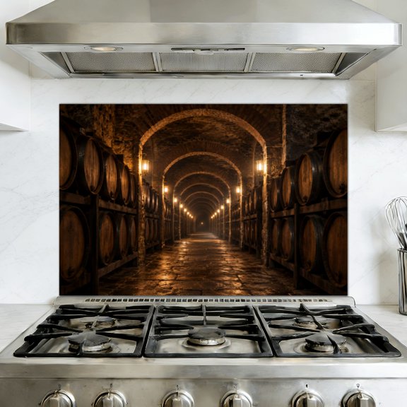 Kitchen Backsplash Peel and Stick Wall Murals Rustic Wine Wooden Barrels Brick Arched Hallway Removable Mural 35.4"W x 23.6"H, Oil Proof Vinyl Wallpaper for Fireplace & Behind Stove