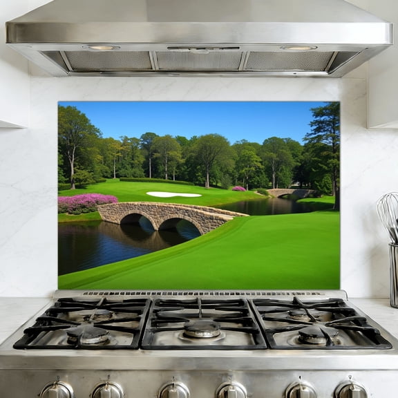 Kitchen Backsplash Peel and Stick Wall Murals Scenic Golf Course Stone Bridge Green Trees Landscape Removable Mural 35.4"W x 23.6"H, Oil Proof Vinyl Wallpaper for Fireplace & Behind Stove