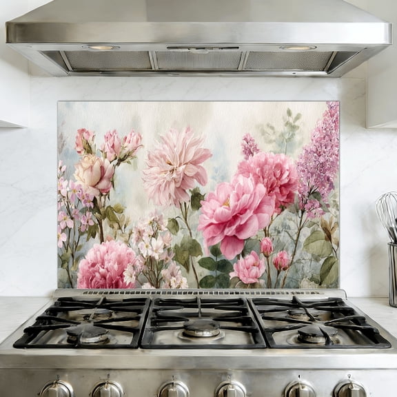Kitchen Backsplash Peel and Stick Wall Murals Serene Pastel Watercolor Peonies Roses Lilacs Spring Garden Removable Mural 35.4"W x 23.6"H, Oil Proof Vinyl Wallpaper for Fireplace & Behind Stove