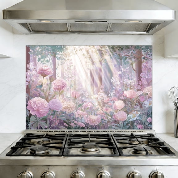 Kitchen Backsplash Peel and Stick Wall Murals Soft Watercolor Garden Scene Pink Roses Tender Foliage Removable Mural 35.4"W x 23.6"H, Oil Proof Vinyl Wallpaper for Fireplace & Behind Stove