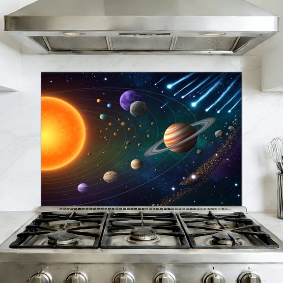 Kitchen Backsplash Peel and Stick Wall Murals Solar System Planets Starry Space Galaxy Celestial Removable Mural 35.4"W x 23.6"H, Oil Proof Vinyl Wallpaper for Fireplace & Behind Stove