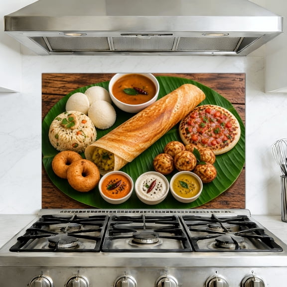 Kitchen Backsplash Peel and Stick Wall Murals South Indian food like Uttapam Idliidly Removable Mural 35.4"W x 23.6"H, Oil Proof Vinyl Wallpaper for Fireplace & Behind Stove