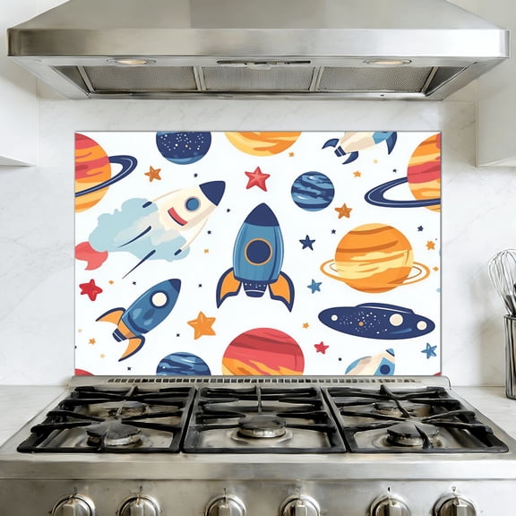 Kitchen Backsplash Peel and Stick Wall Murals Space Seamless Cartoon Planets Rockets Planets Stars Space Removable Mural 35.4"W x 23.6"H, Oil Proof Vinyl Wallpaper for Fireplace & Behind Stove