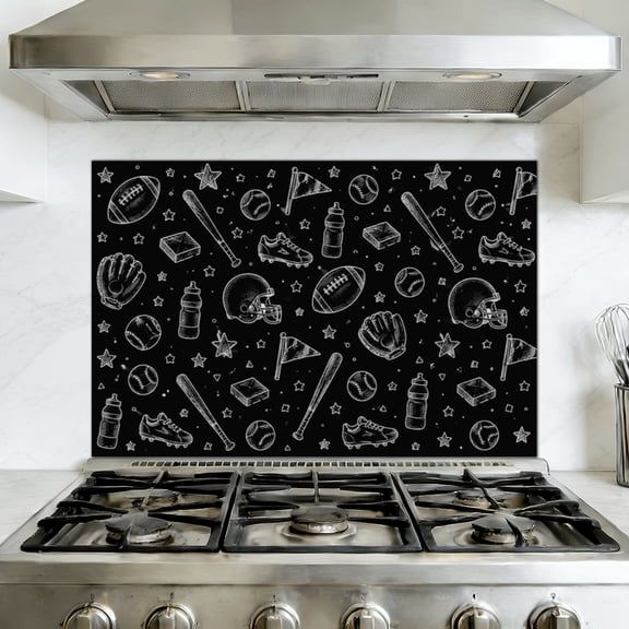 Kitchen Backsplash Peel and Stick Wall Murals Sports Black White Football Baseball Gear Removable Mural 35.4"W x 23.6"H, Oil Proof Vinyl Wallpaper for Fireplace & Behind Stove