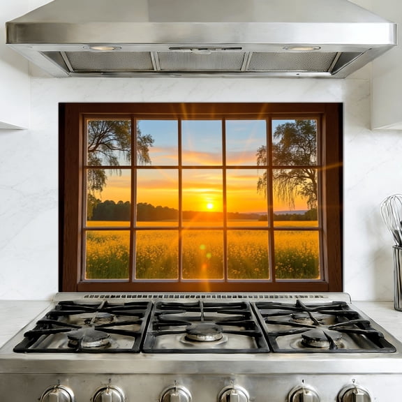 Kitchen Backsplash Peel and Stick Wall Murals Spring Floral Fake Window View Light Airy Illusion Sunset Trees Removable Mural 35.4"W x 23.6"H, Oil Proof Vinyl Wallpaper for Fireplace & Behind Stove