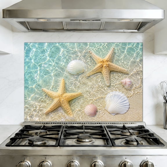 Kitchen Backsplash Peel and Stick Wall Murals Starfish seashell summer beach sea water Summer Removable Mural 35.4"W x 23.6"H, Oil Proof Vinyl Wallpaper for Fireplace & Behind Stove