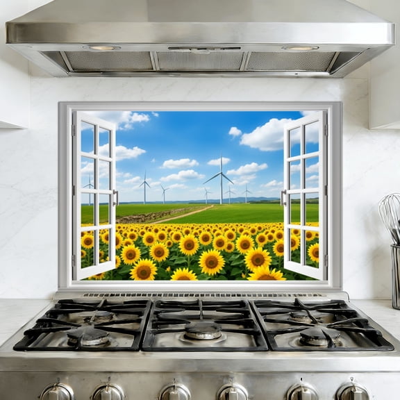Kitchen Backsplash Peel and Stick Wall Murals Sunflower Fake Open Window Flower Field Scenery Nature Landscape Removable Mural 35.4"W x 23.6"H, Oil Proof Vinyl Wallpaper for Fireplace & Behind Stove
