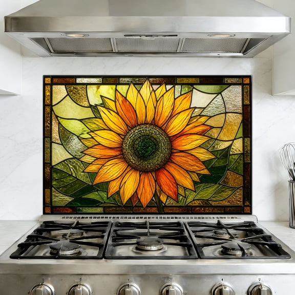 Kitchen Backsplash Peel and Stick Wall Murals Sunflower Stained Glass Decoration Vibrant Window Art Removable Mural 35.4"W x 23.6"H, Oil Proof Vinyl Wallpaper for Fireplace & Behind Stove