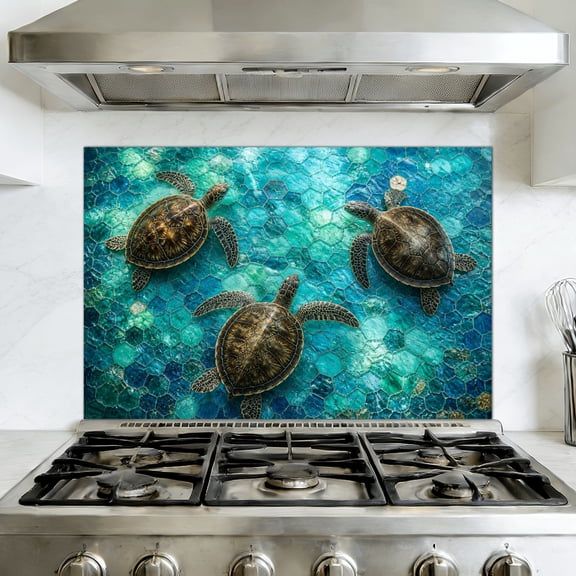 Kitchen Backsplash Peel and Stick Wall Murals Teal Blue Stained Glass Sea Turtle Underwater Canvas Art Removable Mural 35.4"W x 23.6"H, Oil Proof Vinyl Wallpaper for Fireplace & Behind Stove