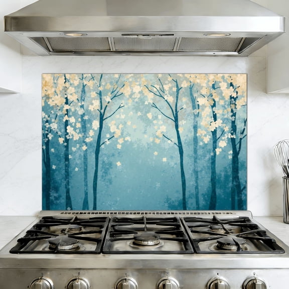 Kitchen Backsplash Peel and Stick Wall Murals Teal Landscape Blue Forest Abstract Nature Abstract Removable Mural 35.4"W x 23.6"H, Oil Proof Vinyl Wallpaper for Fireplace & Behind Stove
