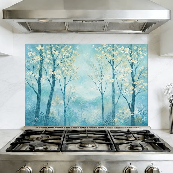 Kitchen Backsplash Peel and Stick Wall Murals Teal Landscape Blue Forest Abstract Nature Abstract Trees 35.4"W x 23.6"H, Oil Proof Removable Vinyl Wallpaper for Fireplace & Behind Stove
