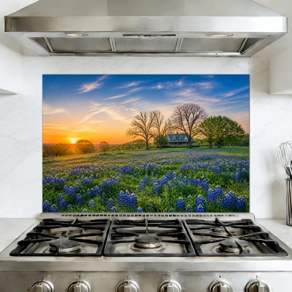 Kitchen Backsplash Peel and Stick Wall Murals Texas bluebonnet field sunrise Removable Mural 35.4"W x 23.6"H, Oil Proof Vinyl Wallpaper for Fireplace & Behind Stove