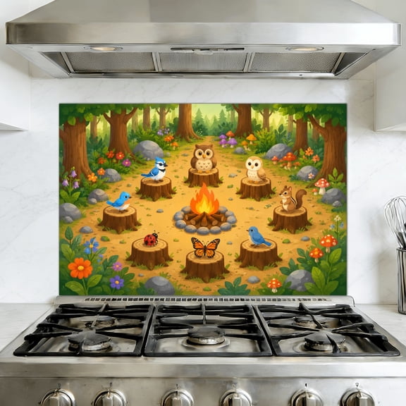 Kitchen Backsplash Peel and Stick Wall Murals Top View Angle Campfire Tree Seats Stumps Forest Animals Colorful 35.4"W x 23.6"H, Oil Proof Removable Vinyl Wallpaper for Fireplace & Behind Stove