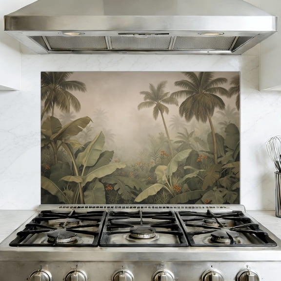 Kitchen Backsplash Peel and Stick Wall Murals Tropical Jungle Palm Trees Banana Leaves Vintage Botanical Muted Removable Mural 35.4"W x 23.6"H, Oil Proof Vinyl Wallpaper for Fireplace & Behind Stove