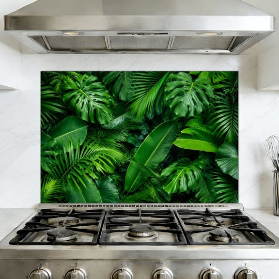 Kitchen Backsplash Peel and Stick Wall Murals Tropical Plant Green Leaves Removable Self Removable Mural 35.4"W x 23.6"H, Oil Proof Vinyl Wallpaper for Fireplace & Behind Stove