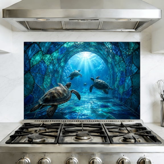 Kitchen Backsplash Peel and Stick Wall Murals Underwater Reflective Turtle Stained Glass Artwork Removable Mural 35.4"W x 23.6"H, Oil Proof Vinyl Wallpaper for Fireplace & Behind Stove
